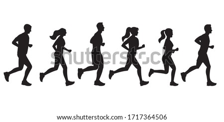 Running people silhouettes. Run concept. Men and Women jogging. Marathon race, sport and fitness design template with runners and athletes in flat style. Vector illustration.
