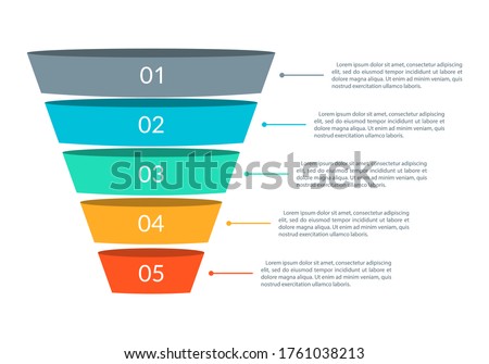 Funnel diagram with 5 steps. Marketing pyramid or sales conversion cone. Business infographic template. Vector illustration.