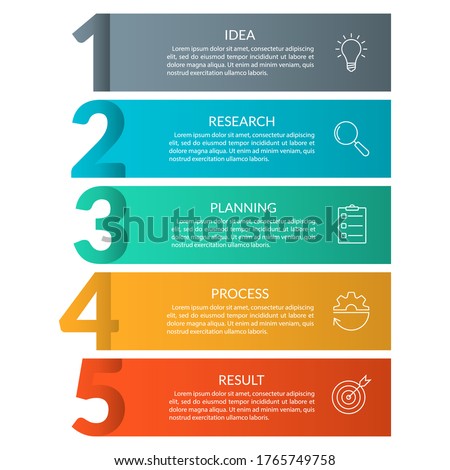 5 steps info graphic with business icons and copy space. Infographics template with outline numbers. Five parts or options for menu and  workflow layout design. Vector illustration.