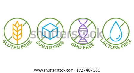 Gluten free, GMO free, sugar free, lactose free icon set. Allergy logos. Product packaging labels. Vector illustration.
