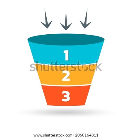 Sale funnel, conversion cone, marketing chart or diagram template with 3 steps or levels. Business pyramid design for infographic. Vector illustration.