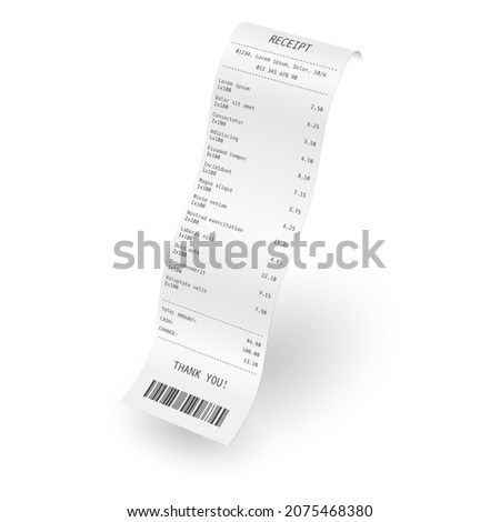 Receipt or bill realistic template. 3d paper payment check. Supermarket or shop purchase cheque. Vector illustration.