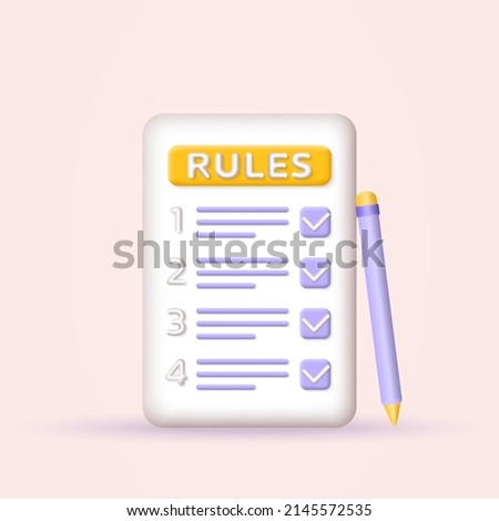 Rules list 3d icon. Regulation, company compliance, law checklist with check marks. Business rule, agreement concept. Vector illustration.