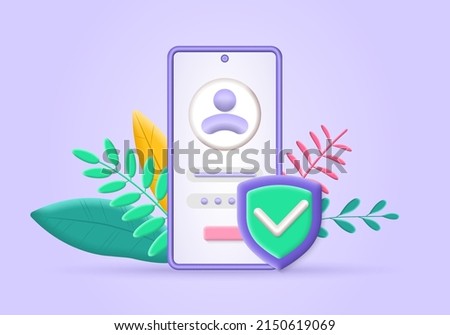 Phone login, password 3d icon with security shield. Smartphone account protection for privacy and security. Sign in, registration, verification concept. Vector illustration.