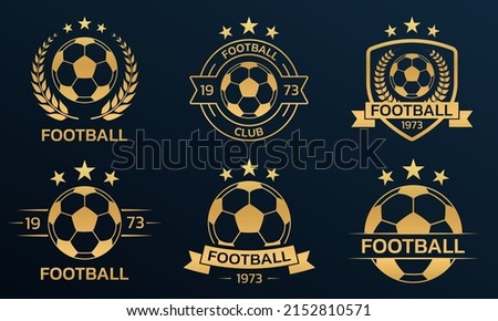 Soccer logo set with a ball. Football club or team emblem, badge, icon design. Sport tournament, league, championship gold labels. Vector illustration.