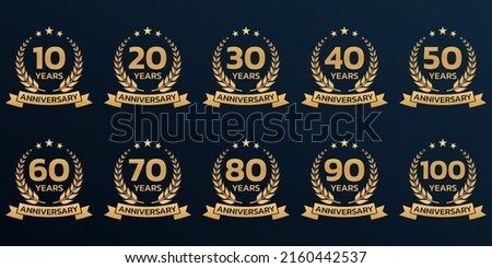 Anniversary icon or logo set with laurel wreath. 10, 20, 30, 40 ,50, 60, 70, 80, 90, 100 years jubilee, birthday golden badge, label or emblem. Celebration design element. Vector illustration.