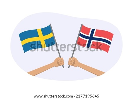 Norway and Sweden flags. Norwegian and Swedish national symbols. Hand holding waving flag. Vector illustration.