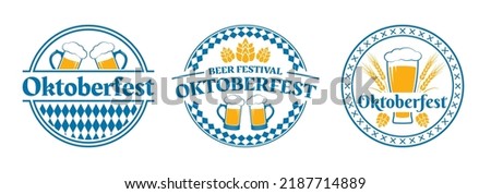Oktoberfest logo or label set. Beer fest round badges with mug icons. German, Bavarian October festival design elements. Vector illustration.