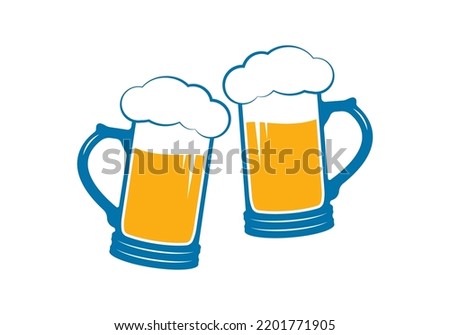 Beer mug icon or sign. Cheers, toast symbol. Toasting mugs with foam. Vector illustration.