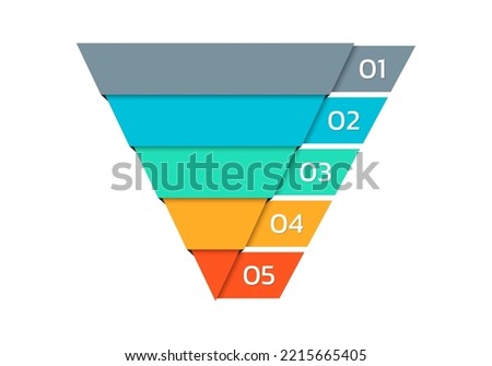 Sales funnel with 5 steps or parts. Marketing infographic. Business conversion pyramid or diagram. Cone chart template. Vector illustration.