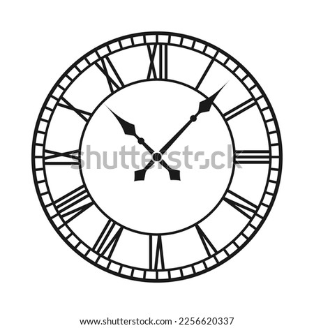 Vintage clock with Roman numerals. Antique time design. Old wall clock face design. Vector illustration.