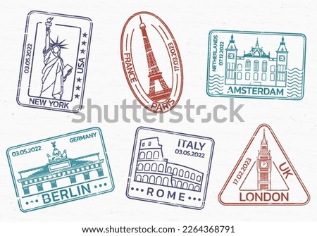 Travel, passport stamps or seals with city landmarks. Vintage badges with grunge texture. Vector illustration.