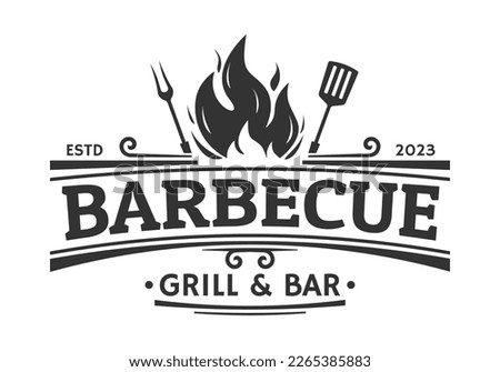 Barbecue logo. BBQ, grill icon, label or badge with fire flame, grill fork and spatula. Meat restaurant, food party, barbeque vintage design element. Vector illustration.