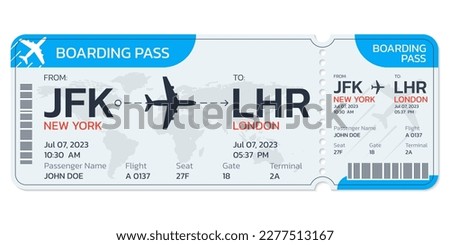 Airplane ticket. Flight boarding pass design. Air, plane, airline card template. Fly, travel concept. Vector illustration.
