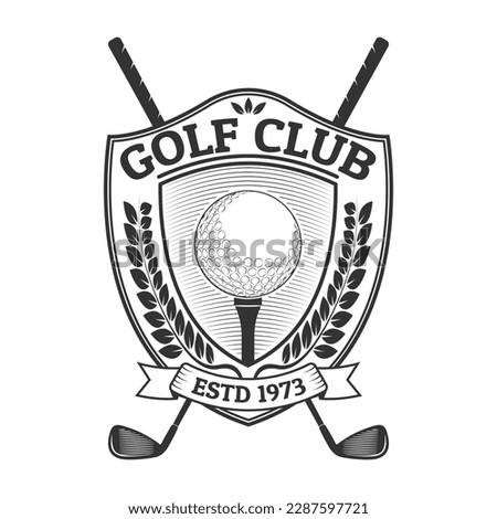 Golf club logo, icon or badge design with ball on a tee and crossed golf sticks. Vintage shield emblem with laurel wreath and ribbon. Sport tournament or championship label. Vector illustration.
