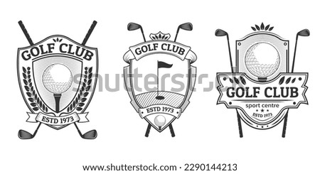 Golf club logo, icon or badge set. Vintage design with ball on a tee and crossed golf sticks. Retro shield emblems. Sport tournament or championship labels. Vector illustration.