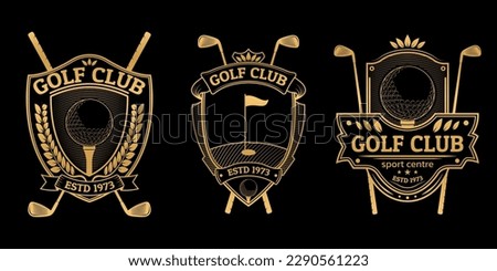 Golf club logo, icon or badge set. Vintage design with crossed golf sticks and ball on tee. Retro shield emblems. Sport tournament or championship labels. Vector illustration.