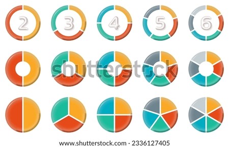 Circle diagram, pie chart, circular graph with 1, 2, 3, 4, 5, 6 sections or parts. Modern business infographic template. 3d cycle element, wheel, slice design. Vector illustration.