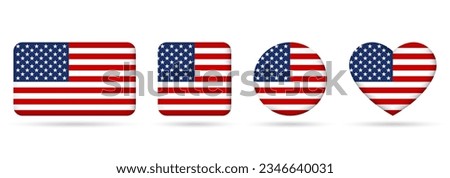 USA flag icon set. US badges. American square, heart and circle national symbol. Vector illustration.