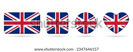 UK flag icon set. United Kingdom badges. British square, heart and circle national symbol. Vector illustration.