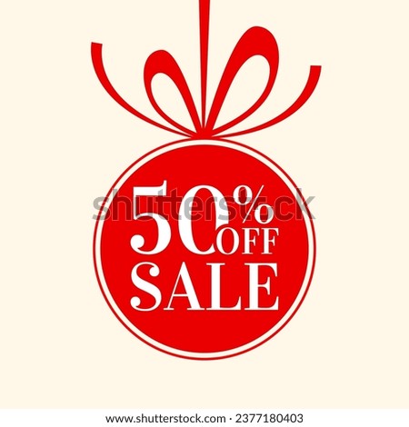 Sale tag, label, icon. 50% price off ball with bow and ribbon. Christmas holiday discount banner. Xmas promotion card design. Vecor illustration.