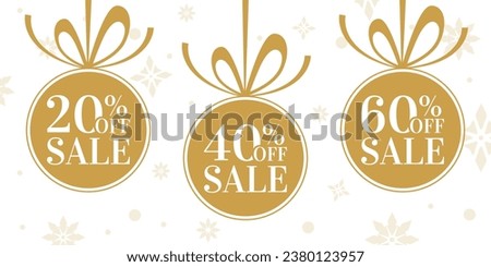 Sale banner with 20, 40, 60 percent price off label, icon or tag. Winter discount balls with bow and ribbon. Christmas holiday promotion card design. Vector illustration.