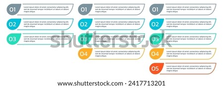 Info graphic template set with 3,4,5 steps or options. List diagram, chart with five levels. Business infographic, presentation, modern layout design with vertical elements. Vector illustration.