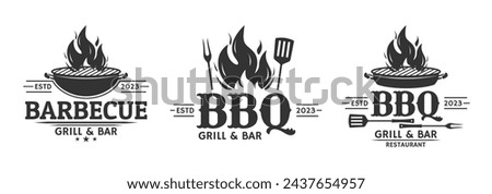 BBQ logo set. Barbecue, grill icon with fire flame. Meat restaurant label. Vector illustration.