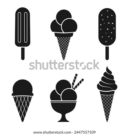 Ice cream icon set. Waffle cone, frozen food dessert symbols. Icecream logo. Vector illustration.