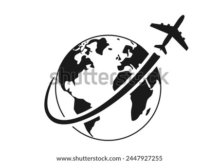 Plane with earth or globe icon. Travel around the world by airplane logo concept. Vector illustration.