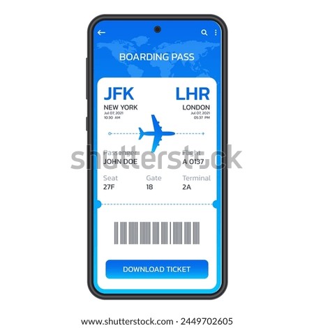 Mobile boarding pass. Digital or electronic plane ticket. Airplane ticket in the phone. Online booking by smartphone concept. Vector illusttation.