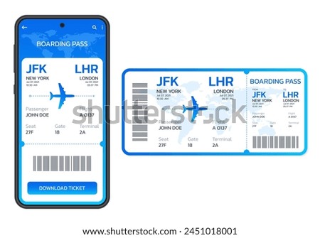 Mobile boarding pass. Digital or electronic plane ticket. Airplane ticket in the phone. Online booking by smartphone concept. Vector illusttation.