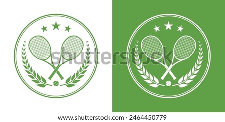 Tennis club logo, icon or badge with crossed rackets and tennis ball. Sport symbol design. Vector illustration.