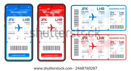 Boarding pass, Airplane ticket set. Mobile, digital or electronic plane ticket in the phone. Online booking by smartphone concept. Vector illustration.