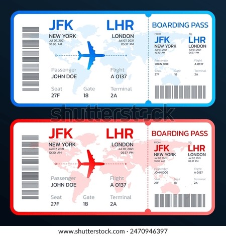 Airline ticket. Flight, boarding pass design. Travel by plane concept. Vector illustration.