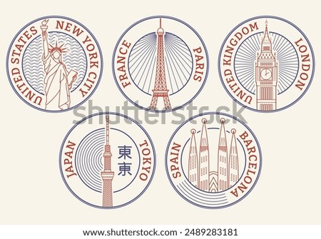 Travel stamp set. City landmark symbols. New York, London, Paris, Tokyo, Barcelona fomous place collection.  Vector illustration.