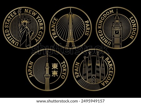 Travel stamp set. City landmark symbols. New York, London, Paris, Tokyo, Barcelona fomous place collection.  Vector illustration.