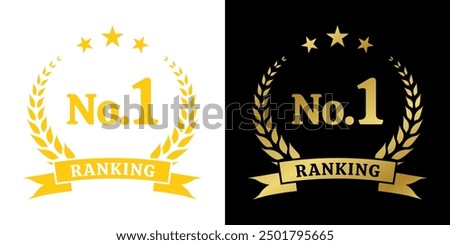 Ranking award. No. 1 rank icon. First place emblem with laurel wreath. Number 1, Best choice golden label or badge. Vector illustration.