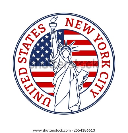 USA, New York City stamp or seal with The Statue of Liberty sign and American flag. Vector illustration.