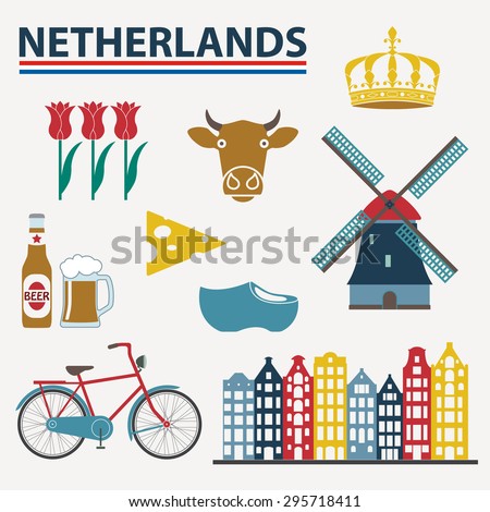 Netherlands Icon Set In Flat Style. Holland And Amsterdam Symbols: Wind ...