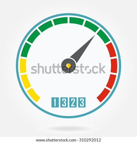 Speedometer or tachometer icon with arrow. Infographic gauge element. Template for download or upload design. Colorful vector illustration in flat style.