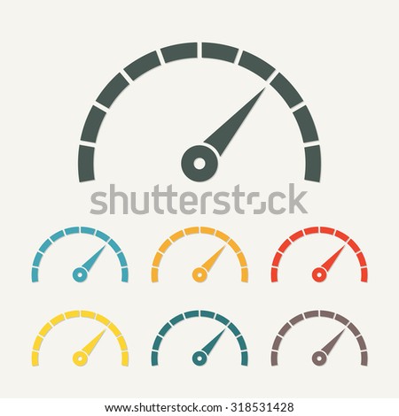 Speedometer icon with arrow. Infographic gauge element. Template for download design. Colorful vector illustration in flat style.