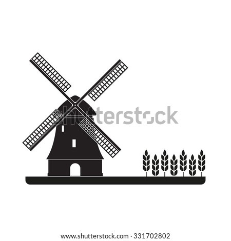 Windmill and wheat ears. Mill symbol. Agriculture landscape. Vector illustration in flat style.