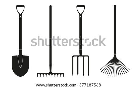 Shovel or spade, rake and pitchfork icons isolated on white background. Gardening tools design. Vector illustration.