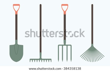 Shovel or spade, rake and pitchfork icons isolated on white background. Gardening tools design. Colorful vector illustration.