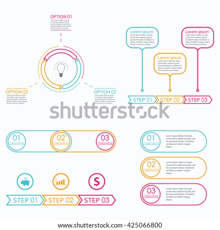 Step by step infographics set. 3 steps, options or levels. Outline infographics template. Vector illustration.