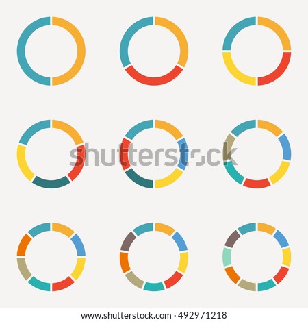 Circle infographics concept with 2,3,4,5,6,7,8,9,10 steps, parts, levels or options.Circular diagram set. Pie chart template. Colorful vector illustration.