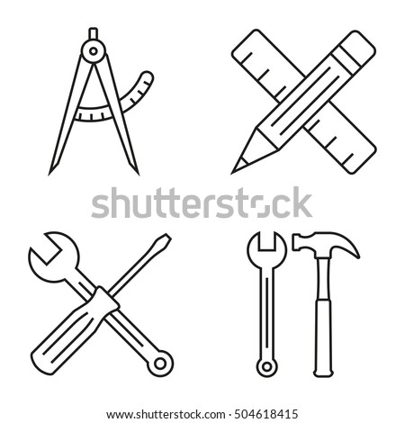 Toolkit outline icon set. Hammer, wrench, screwdriver and ruler with pencil. Vector illustration.
