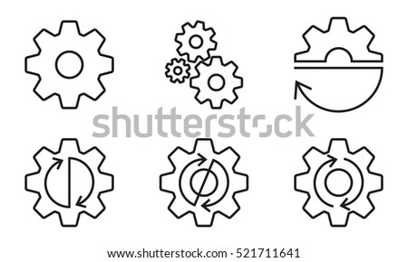 Gears and cogs outline set. Gear wheels with arrows. Vector illustration.