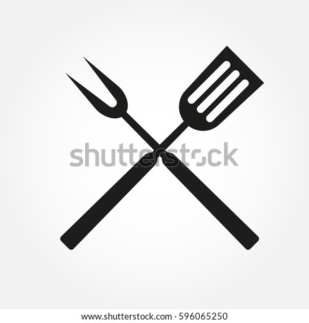 BBQ or grill tools icon. Crossed barbecue fork with spatula. Vector illustration.